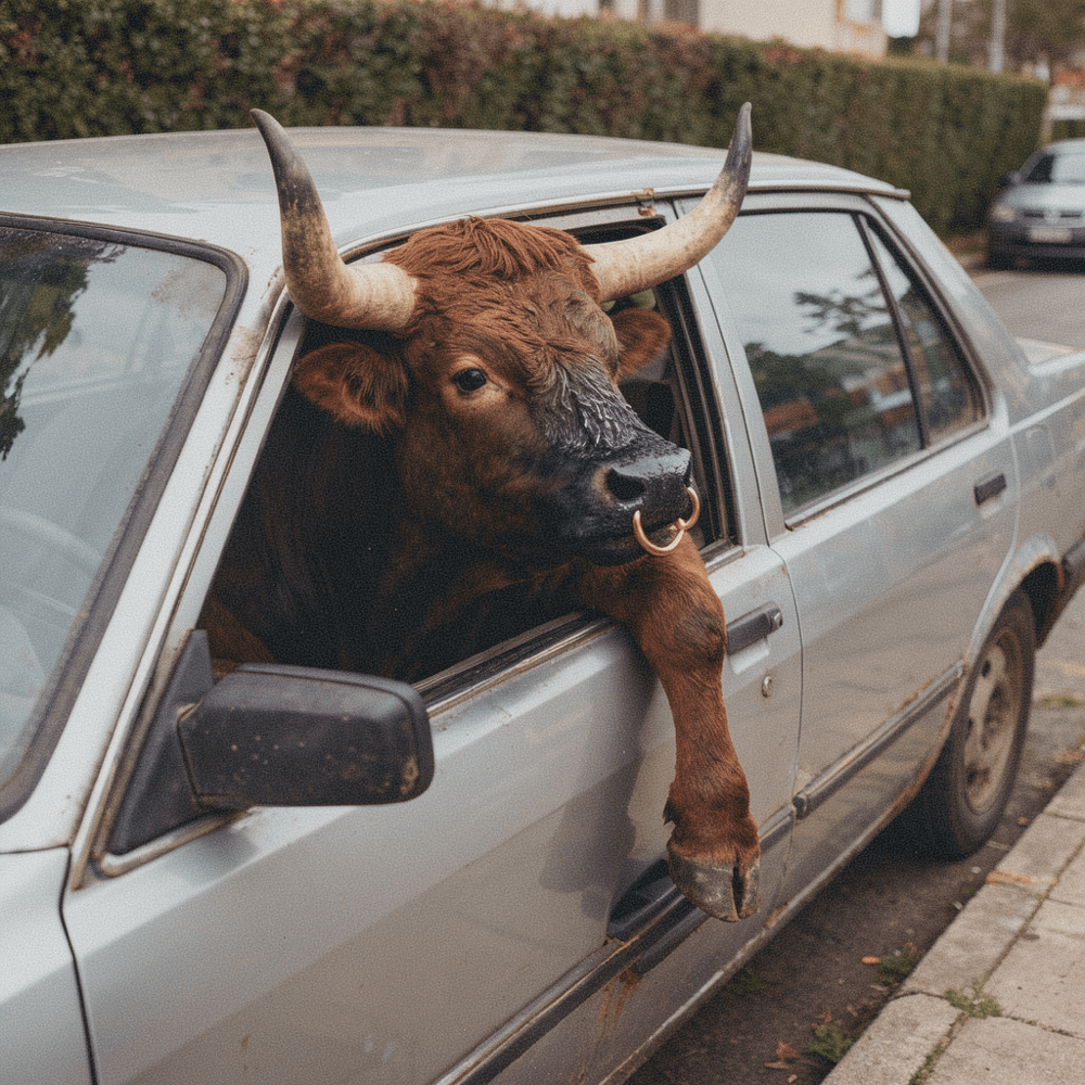 A bull sitting in the driver's seat of a silver coupe, head and horns filling the open window.
